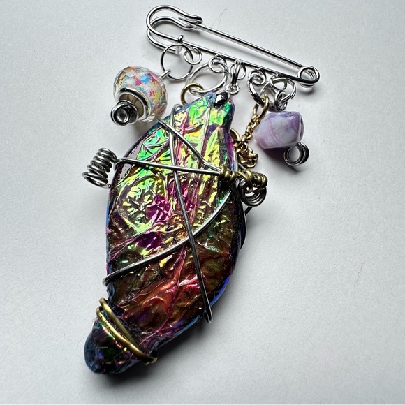 Collage Brooch Artisan Multicolor Wire-Wrapped Pin handmade - Picture 3 of 15